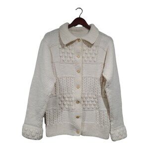 Hand-Knit Wool Cable Knit Button-Down Sweater Cardigan Cream Collared Size M/L